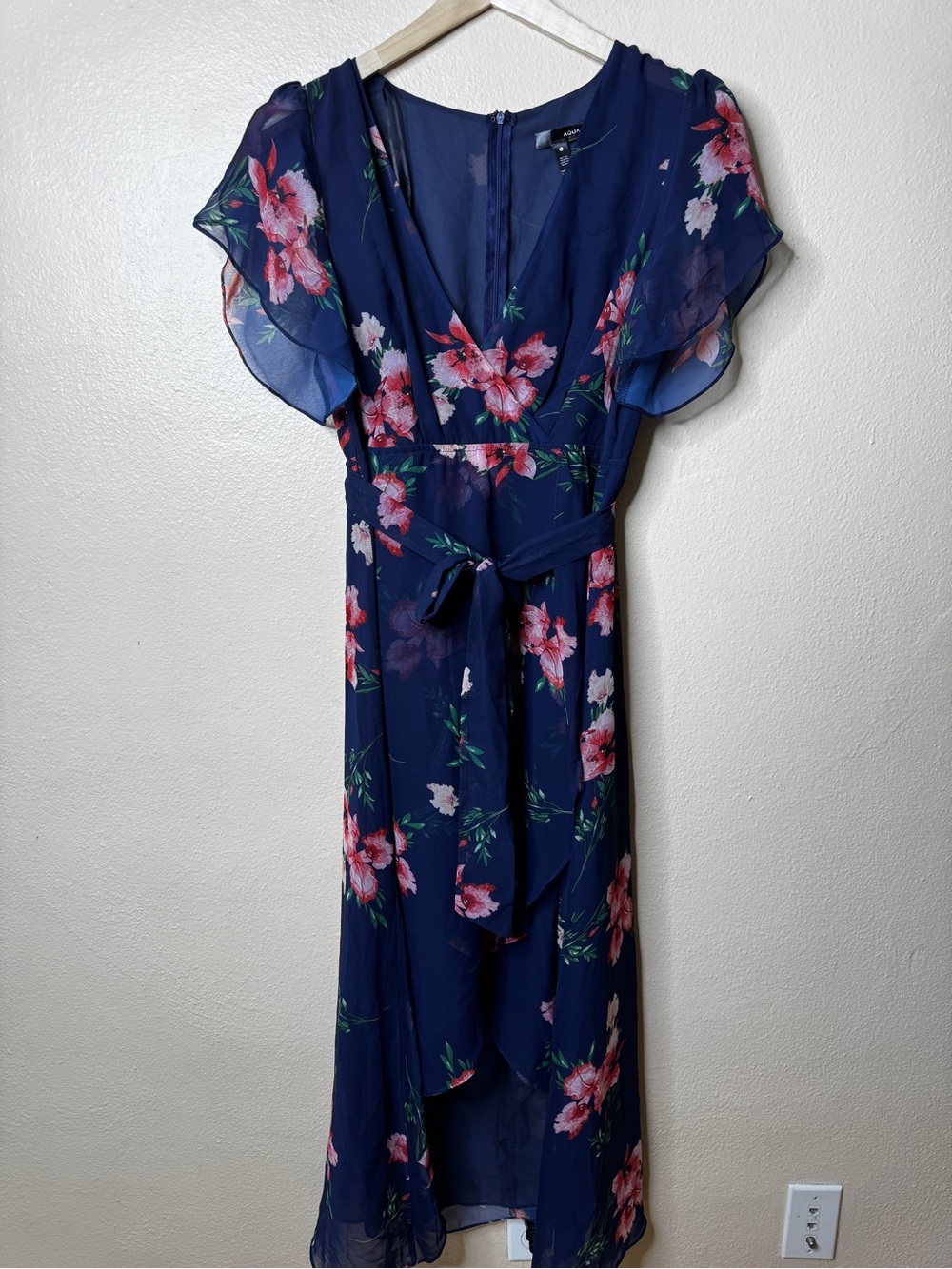 AQUA Dress Women’s Large Navy Floral Faux Wrap Tie Waist Romantic Cottagecore